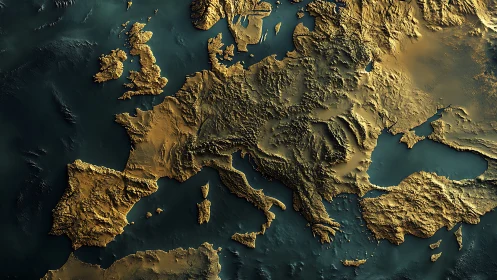 Rendered topographic elevation map of continental Europe.