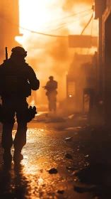 Firelit soldiers stride through ruin-glowed urban chaos.