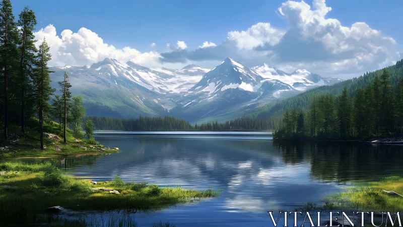 Snowy mountain lake rests quietly beneath bright summer skies