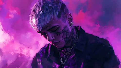 Neon magenta portrait of tattooed youth in contemplative profile