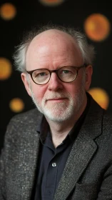 Middle-aged man with glasses looks at camera against bokeh