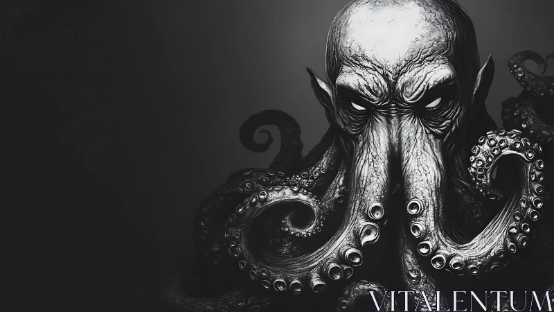Monochrome cephalopod humanoid portrait with high-contrast tentacle detailing