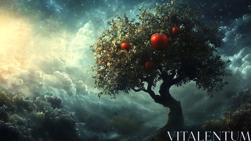 Luminous celestial orchard with heart-shaped fruit under nebula sky.