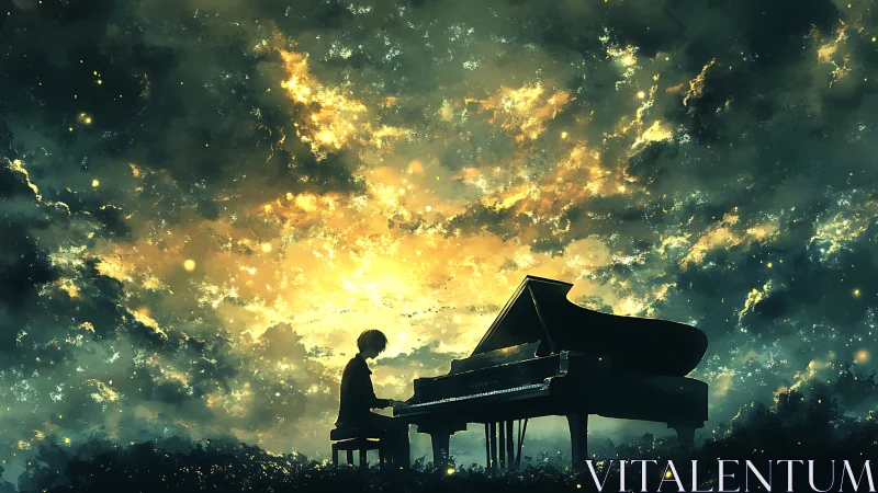 Silhouetted pianist at grand piano under luminous nebula sky.