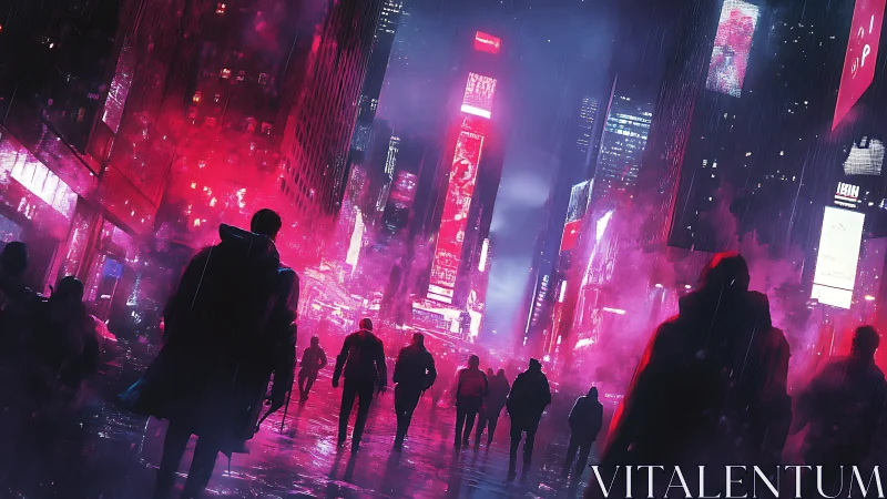Crowd silhouettes in neon lit futuristic city street at night.