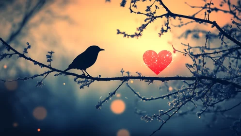 Bird silhouette perches on frost-covered branch at sunset with red heart symbol