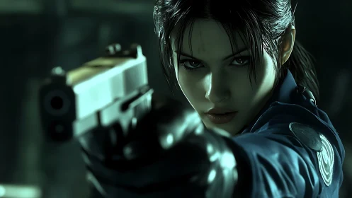 Armed female officer aiming handgun in dark tension scene.