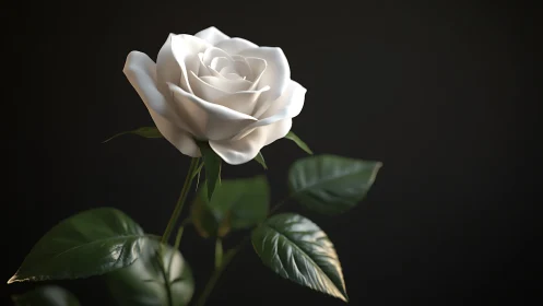 White rose bloom positioned against dark background with dramatic lighting effect.