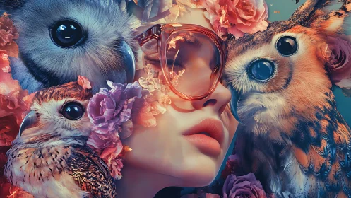 Surreal portrait merges woman, owls, and blossoms in vivid layers