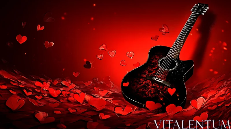 Crimson Serenade: Acoustic Guitar Drowning in Love's Radiant Glow.