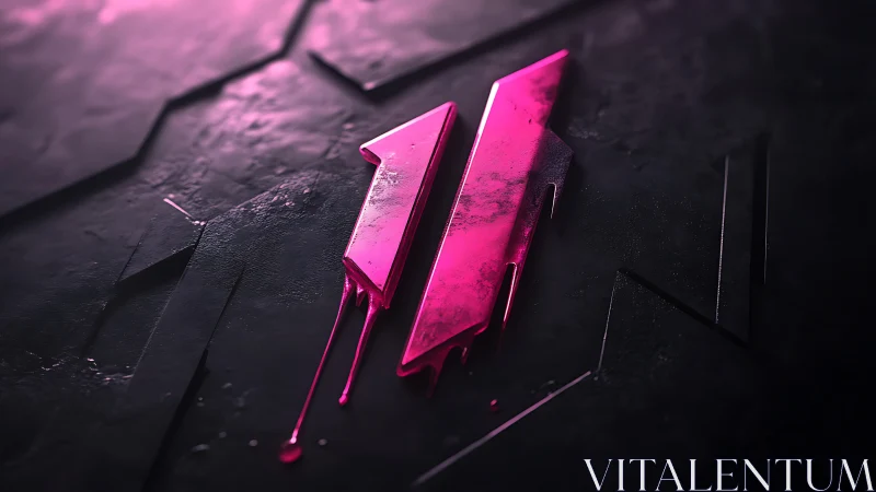 Neon magenta dripped glyph on fractured graphite surface.