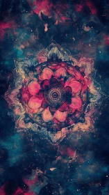 Cosmic mandala blooms in vibrant nebula hues of pink and teal.
