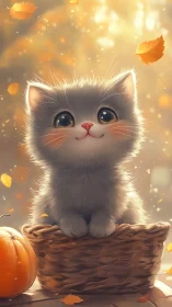 White Kitten in Woven Basket with Autumn Setting
