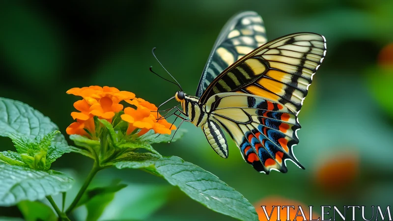 Striped swallowtail butterfly on vivid orange blossoms closeup.