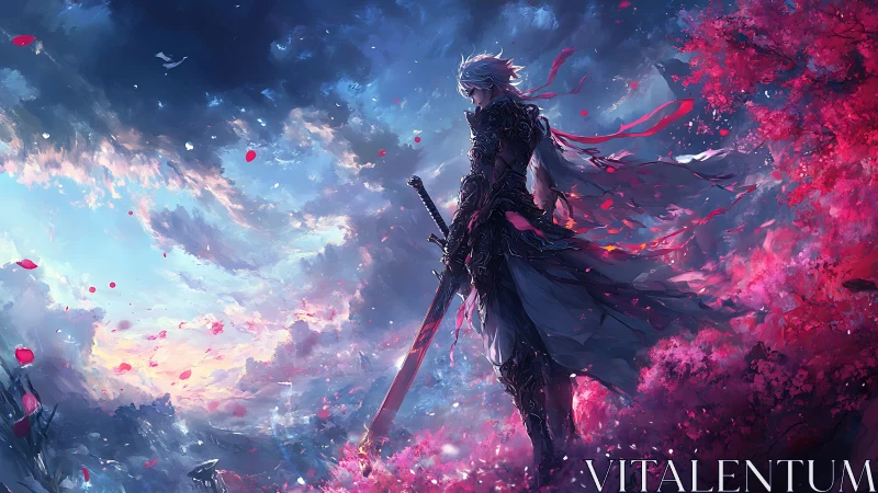 Lone silver‑haired warrior amid crimson blossoms at dusk.