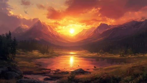 High alpine valley lake under dramatic incandescent sunset sky.