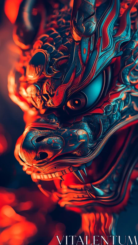 3D draconic cyber-guardian head with molten neon detailing.