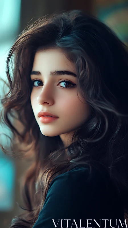 Digital portrait of young woman with long wavy hair indoors.