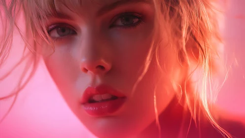 Neon-lit close-up portrait with soft cinematic pink bokeh.