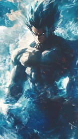 Storm-lit warrior rising from swirling cosmic waves.