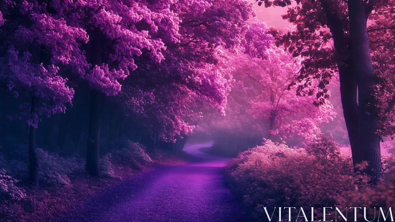 Neon-infused forest pathway with magenta luminescence and atmospheric depth.