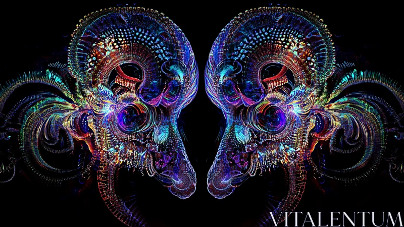 Mirrored neon ram skulls in intricate fractal symmetry.