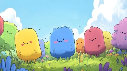 Cheerful Whimsical Friends in Rainbow Meadow Garden.