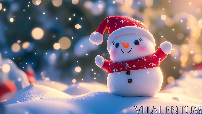 Cheerful snowman in red scarf under glowing winter bokeh.