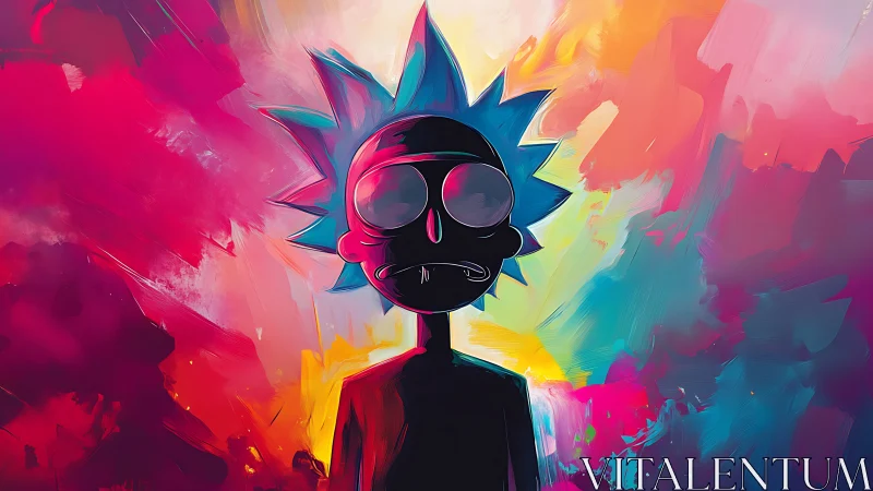 Neon cartoon figure silhouette on vivid abstract background.