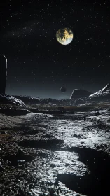 Rocky extraterrestrial landscape under distant planetlight.