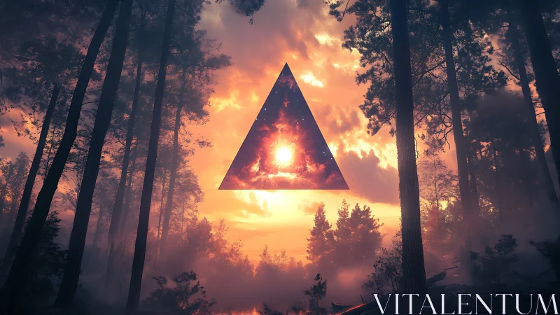 Floating triangle portal glows above misty forest at sunset