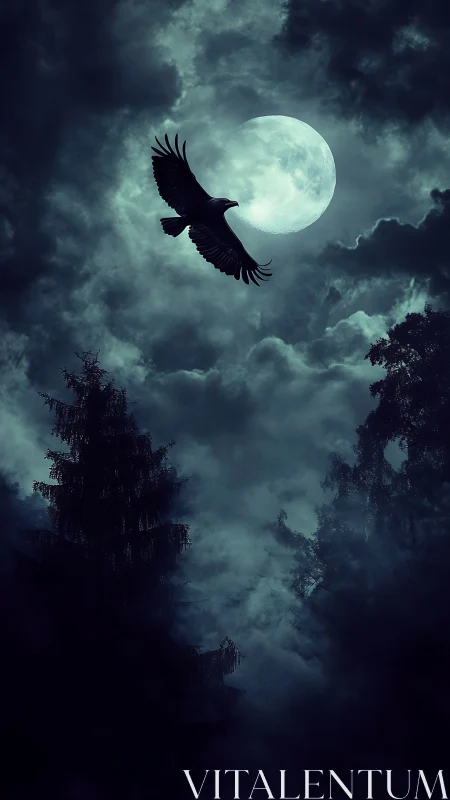 Dark raven in flight across full moon over misty forest.