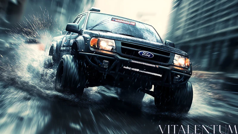 Dynamic off-road pickup splash in cinematic urban rainstorm.