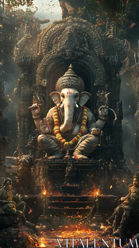 Elephant-headed deity statue in ornate stone shrine setting.