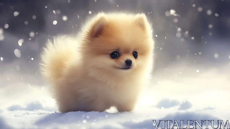 Fluffy cream Pomeranian puppy standing in soft winter snow.