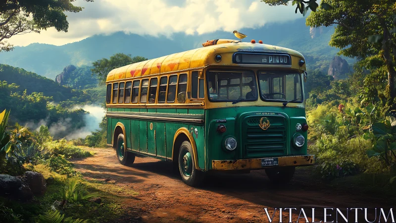 Vintage rural bus travels on unpaved forest road