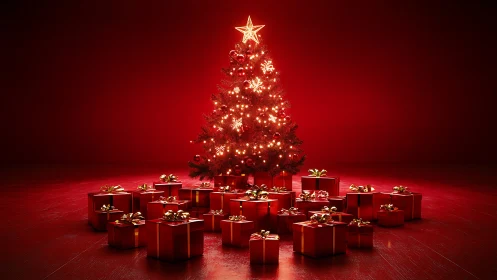 3D holiday vignette with illuminated Christmas tree centerpiece.