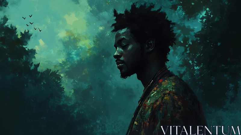 Solitary figure in teal forest glow with introspective calm.