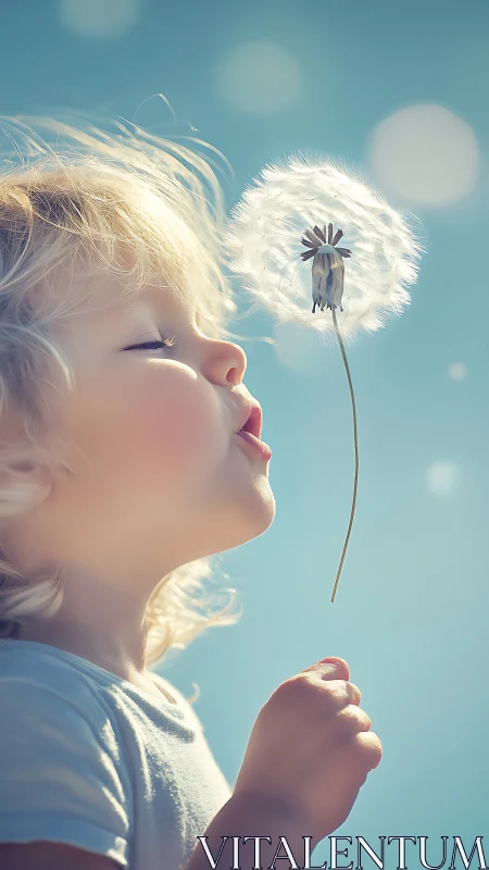 Child blowing dandelion seeds in bright summer sunlight.