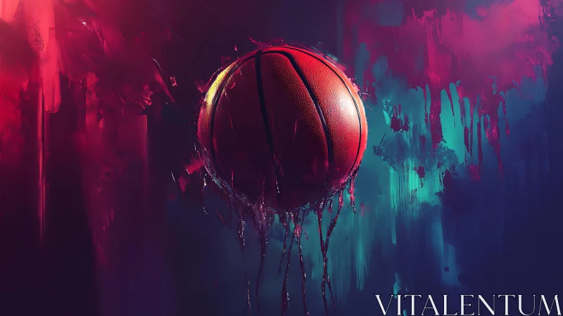 Basketball suspended in vivid neon abstract paint field.