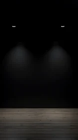 Dark gallery interior shows twin spotlights over wood planks