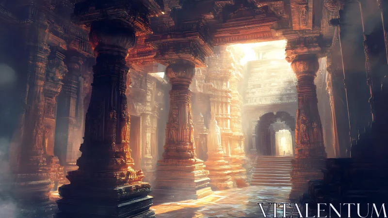Sunlit ancient temple corridor glows through swirling dust.