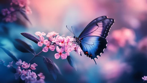 Blue butterfly resting on pink blossoms in soft light.