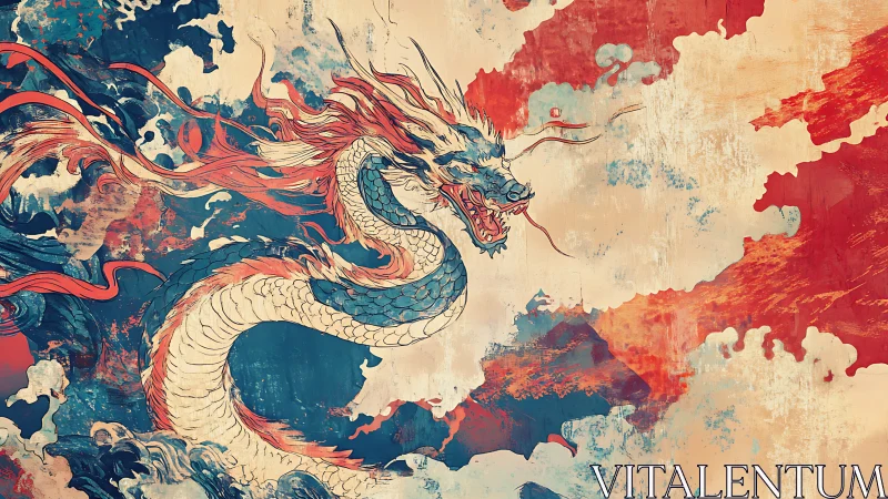 Celestial dragon coils through storm-touched crimson clouds.