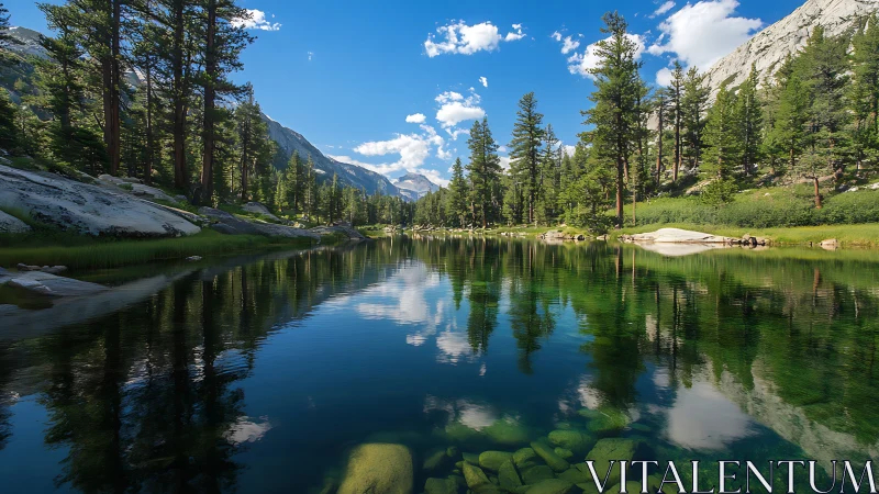 Mountain valley lake reflects conifer trees and distant peaks