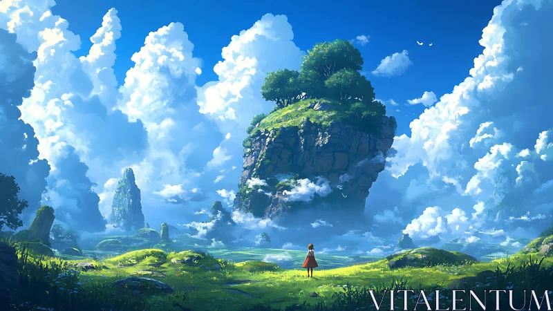 Floating island sanctuary rises above bright dreamlike plains