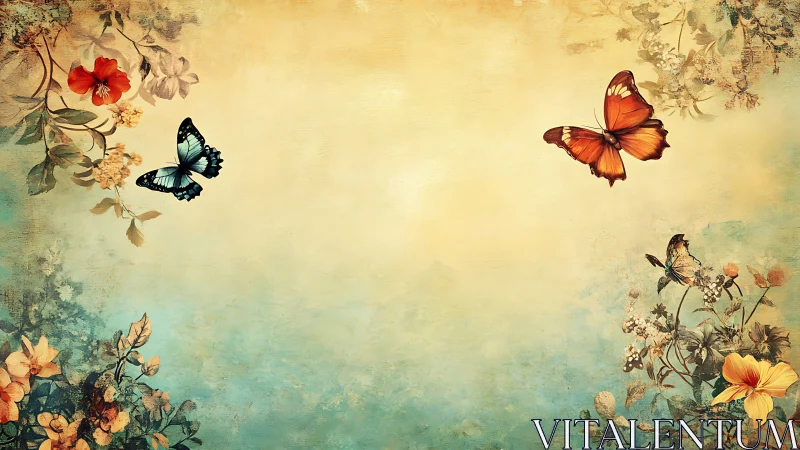 Butterflies in floral dusk over textured pastel sky.
