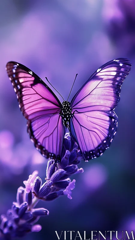 Purple butterfly resting on lavender flower in soft bokeh field.