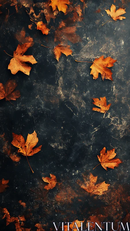 Overhead view of scattered maple leaves on dark textured ground