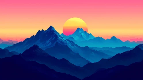 Radiant sun sets behind stylized neon blue mountain peaks